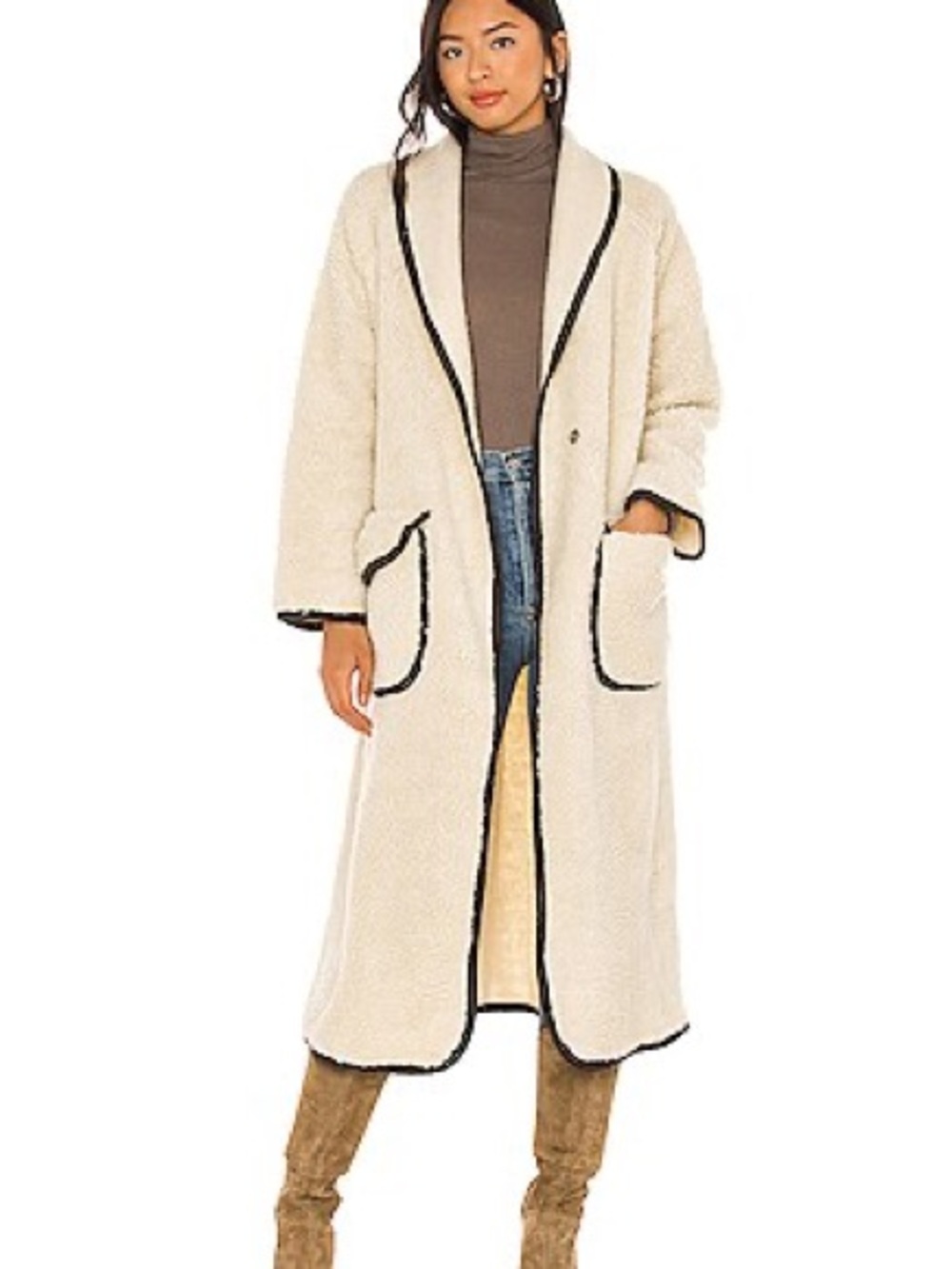 Free People Cream Sherpa Coat with Black Trim
